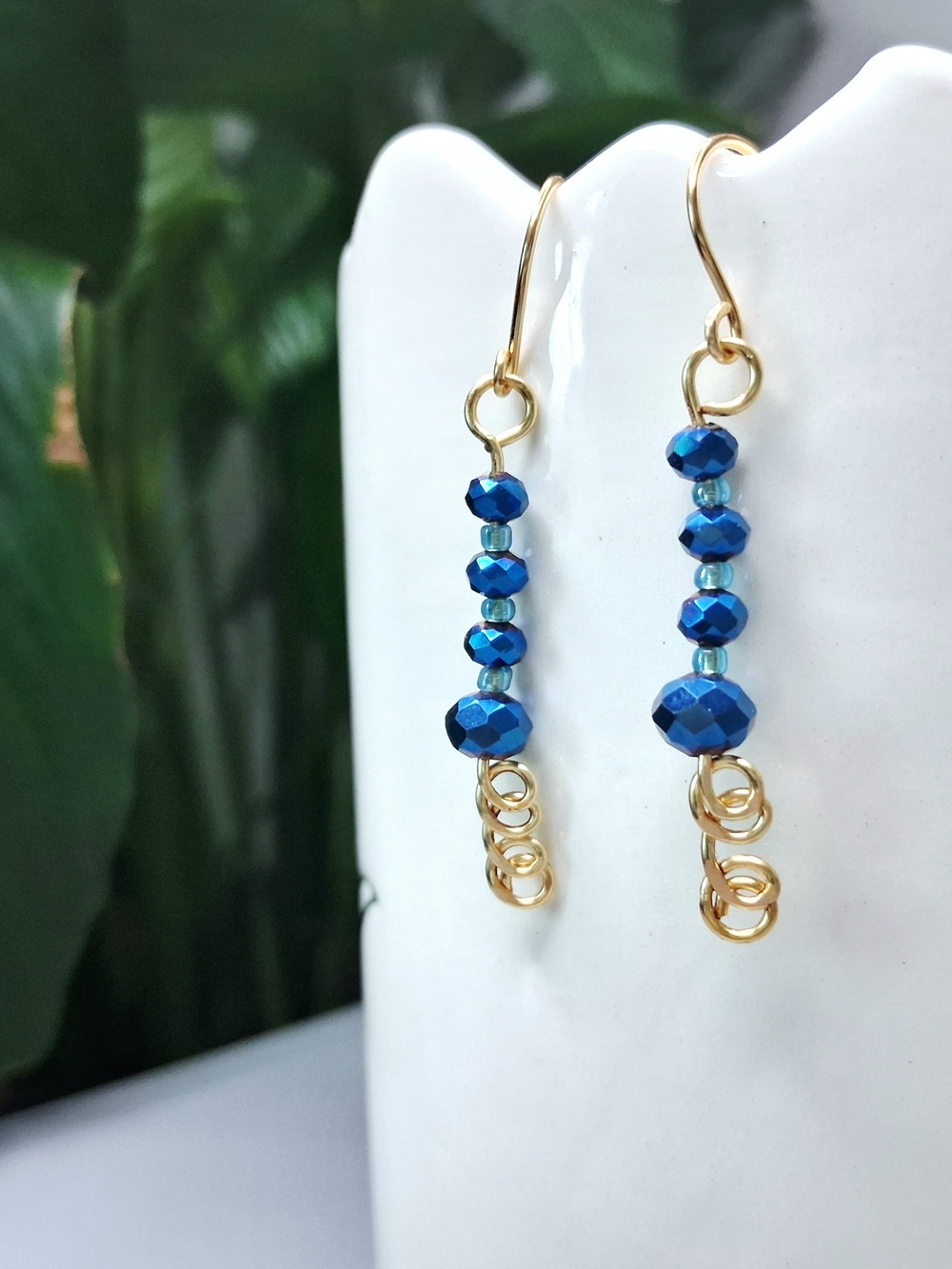 Gold-Tone Earrings with Blue Faceted Beads - Women Jewelry